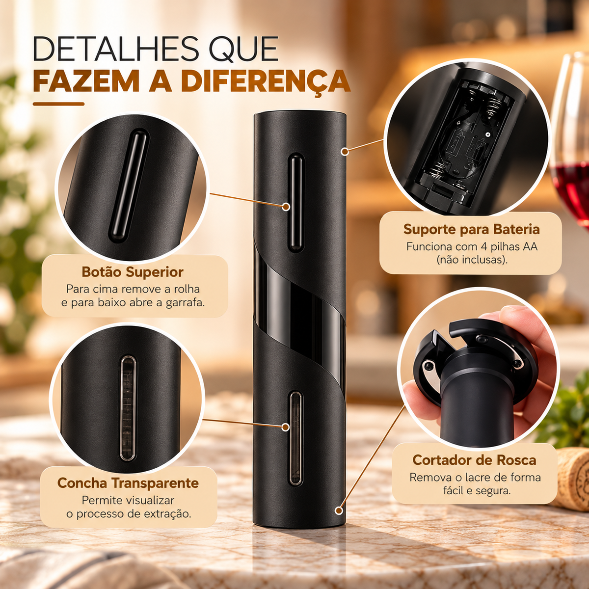 Kit Abridor de Vinho Elétrico Automático Inox 4 Peças