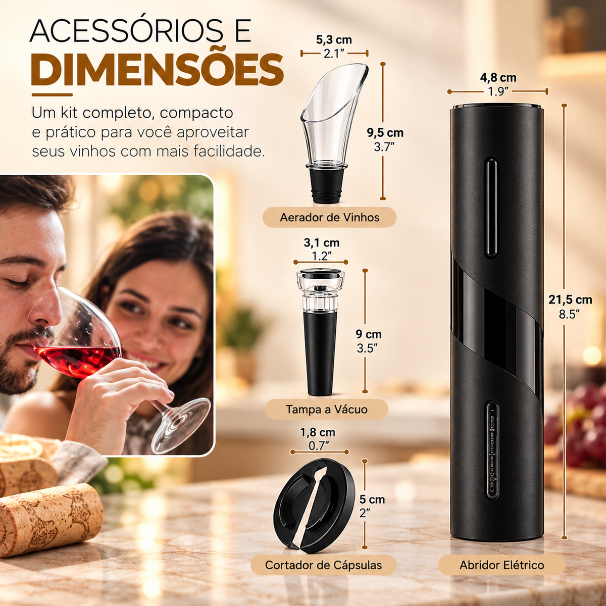 Kit Abridor de Vinho Elétrico Automático Inox 4 Peças