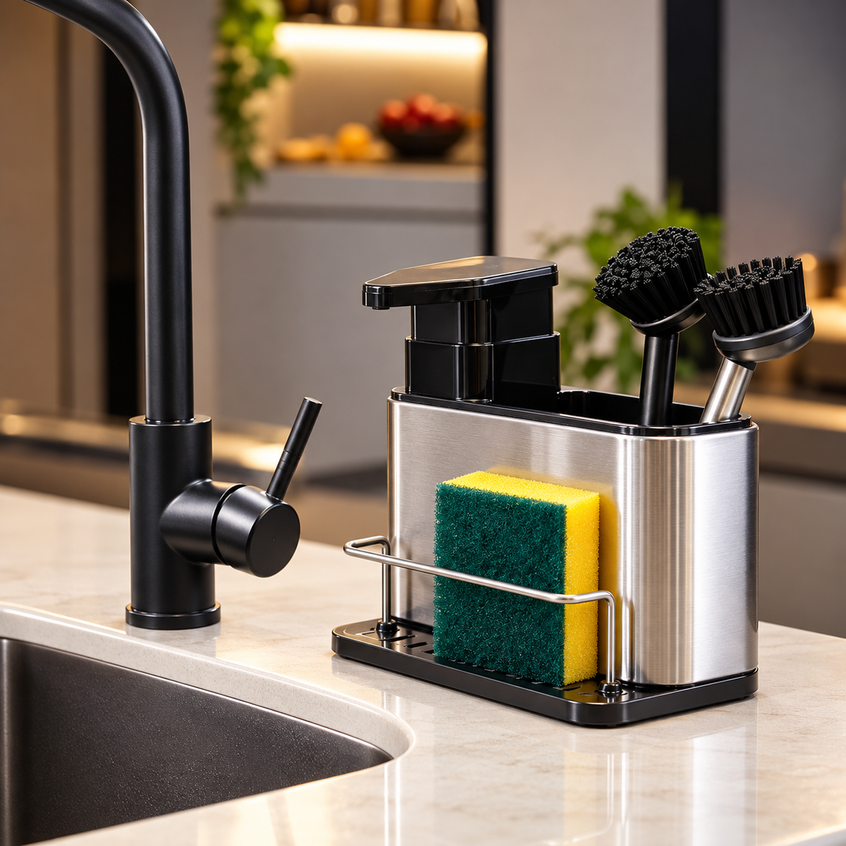 Organizador de Pia em Inox com Dispenser de Detergente