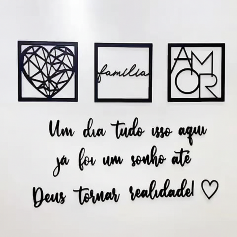 Kit 3 Quadros Cabeceira Família Coração Geométrico Amor + Frase de Parede Variados Sala + 2 Mini aplique coração