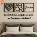 Kit 3 Quadros Cabeceira Família Coração Geométrico Amor + Frase de Parede Variados Sala + 2 Mini aplique coração