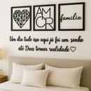 Kit 3 Quadros Cabeceira Família Coração Geométrico Amor + Frase de Parede Variados Sala + 2 Mini aplique coração