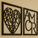 Kit 3 Quadros Cabeceira Família Coração Geométrico Amor + Frase de Parede Variados Sala + 2 Mini aplique coração