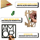 Kit 3 Quadros Cabeceira Família Coração Geométrico Amor + Frase de Parede Variados Sala + 2 Mini aplique coração