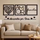 Kit 3 Quadros Decorativos Frase Amor Família em MDF