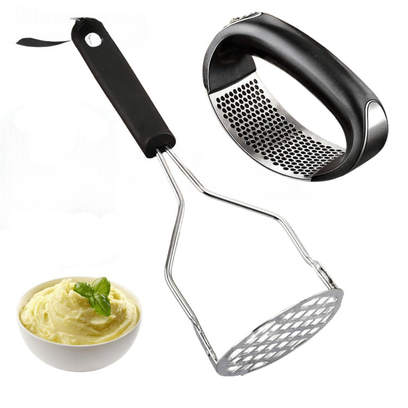 Kit 2 Utensílios para Cozinha Inox: Triturador de Alho e Amassador de Batata